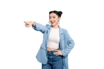 portrait of a smiling Asian woman pointing and posing confidently in a bright, modern setting. Her style is casual and approachable, radiating positivity and confidence. in PNG