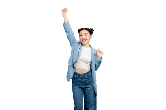 portrait Asian Woman joyfully raising her arms in a gesture of celebration and excitement. A young girl with twin buns hairstyle is posing in a PNG