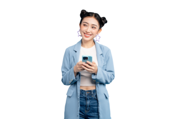 Happy young woman holding a smartphone, engaging in mobile communication and smiling in PNG