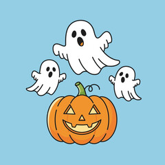 Obraz premium Spooky Halloween illustration featuring a carved pumpkin with three playful ghosts floating around it on a blue background, perfect for seasonal decorations and invitations