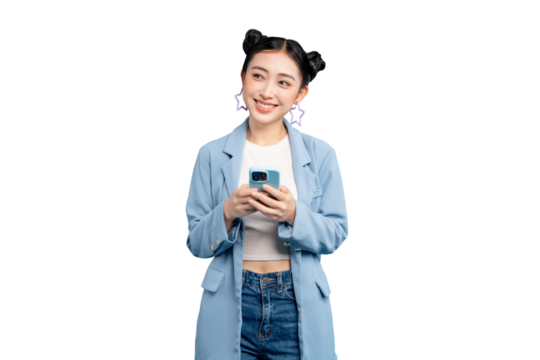 Happy young woman holding a smartphone, engaging in mobile communication and smiling in PNG