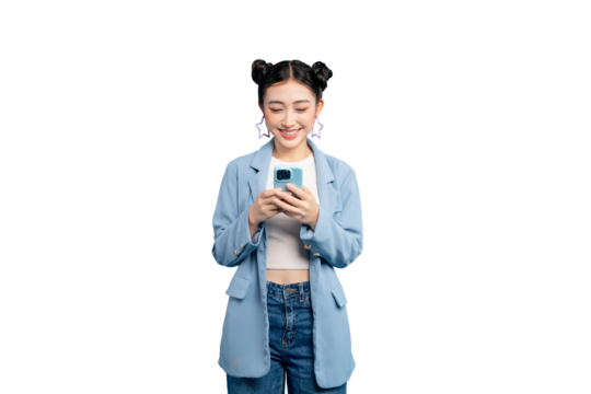 Smiling Asian Woman Using a Smartphone in a Modern Setting in PNG - Powered by Adobe