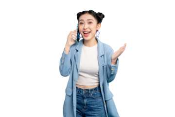 Happy Asian Woman talking on the phone, expressing herself with animated gestures  in PNG