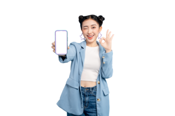 Asian Woman showing smartphone with ok gesture in PNG