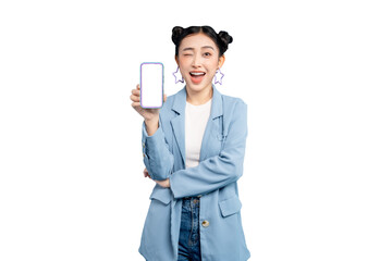 Asian woman showcasing a smartphone with a cheerful wink and inviting gesture. The woman presents the phone's blank screen in PNG 