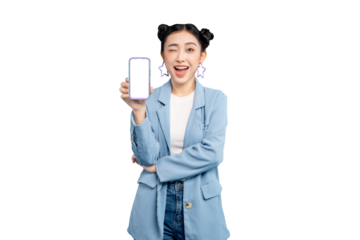 Asian woman showcasing a smartphone with a cheerful wink and inviting gesture. The woman presents the phone's blank screen in PNG
