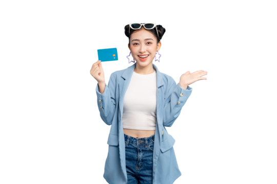 portrait Asian Woman holding a credit card, presenting a product. The woman is smiling and the setting feels cheerful on PNG - Powered by Adobe