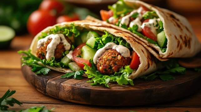 Delicious falafel pitas fresh vegetables and creamy sauce close up view of tasty meal