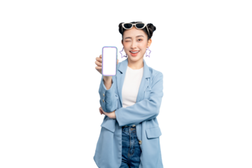 portrait Asian Woman holding a smart phone showing a blank screen. She wears sunglasses, a light blue suit and has her hair in space buns on PNG
