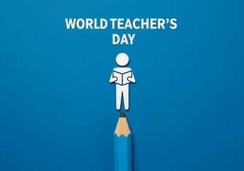 Minimalist Concept for World Teacher's Day, Teacher Figure Standing on a Pencil Tip, Simple Visual for the Importance of Education