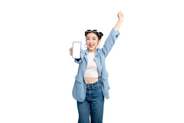 portrait Asian Woman with glasses, confidently holding a blank screen of a mobile phone while smiling. She's gesturing with excitement and enthusiasm on PNG