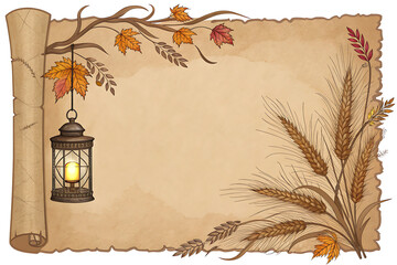 Rustic autumn parchment scroll adorned with a vintage lantern and natural fall foliage elements for decorative use