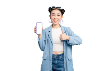 portrait Asian Woman showing off a phone with a blank screen and doing a thumbs up gesture on PNG