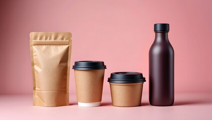Obraz premium Still life of brown paper bag coffee cups and water bottle on pink background studio shot 91chr