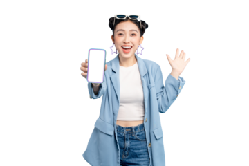 portrait Asian Woman holding a smartphone with blank screen while waving hand. The subject is smiling and wearing shades.