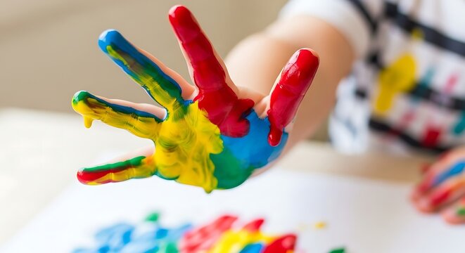 Childs Colorful Handprint Art, Vibrant Creativity, Playful Expression.