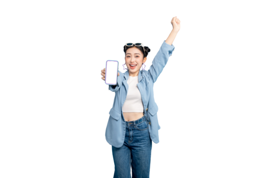 portrait Asian Woman with glasses, confidently holding a blank screen of a mobile phone while smiling. She's gesturing with excitement and enthusiasm on PNG