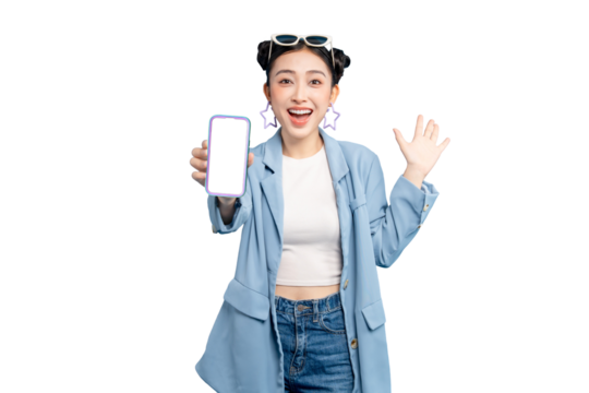 portrait Asian Woman holding a smartphone with blank screen while waving hand. The subject is smiling and wearing shades. - Powered by Adobe