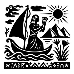Ancient Egypt Boat on the Nile with Pyramids and Sun — Egyptian Culture Woodcut, Monochrome Vector