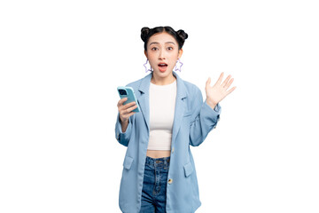 portrait Asian Woman surprised while using a phone. She has her hand raised with a surprised...