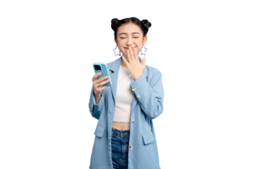 portrait Asian Woman covering her mouth while looking at her phone. She wears a blue blazer and her hair is in space buns on PNG