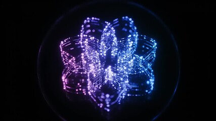 Abstract glowing hexagonal technology icon transforming into a complex data structure. 4K futuristic motion graphics loop with neon particles on a black background. - Powered by Adobe