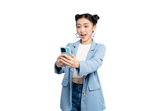 portrait Asian Woman young girl looking at her smart phone in PNG 