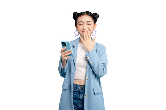 portrait Asian Woman covering her mouth while looking at her phone. She wears a blue blazer and her hair is in space buns on PNG