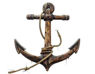 Aged wooden anchor with rope