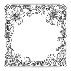 Vector art of elegant art nouveau floral frame with lilies and swirling vines
