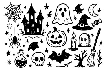 Halloween spooky doodle icons collection with haunted house, ghost, pumpkin, skull, spider, candle, tombstone, witch hat, bat, broom, potion, tree, stars, candy, web illustration set