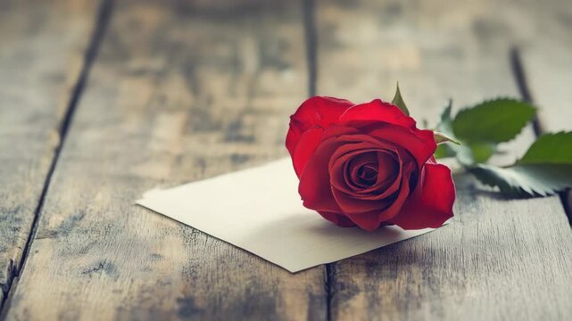 Red rose on note laid rustic wooden surface
