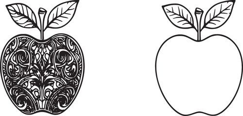 Decorative and Outline Apple Line Art &ndash; Black and White Minimal Fruit Vector Illustration Design