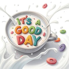 "Colorful Cereal Bowl with Milk and Rainbow Lettering Vector Illustration"