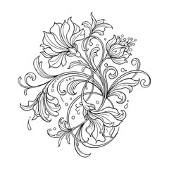 Vector art of abstract floral arrangement with swirling vines and petals