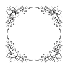Vector art of handdrawn floral corner elements in black and white