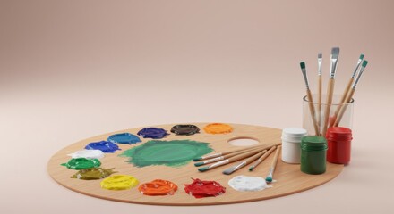 Obraz premium A palette featuring a large area of green paint surrounded by other bright colors, partially visible on a soft background.