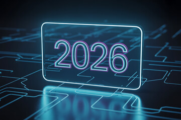 Futuristic glowing 2026 digital display with circuit board patterns, perfect for tech, innovation, and future-focused projects.
