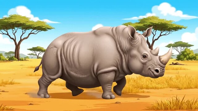 Chubby rhino illustration waddling in African savanna
