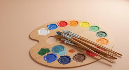 Obraz premium A wooden artist palette with multiple vibrant paint colors arranged neatly, accompanied by paintbrushes on a light background.