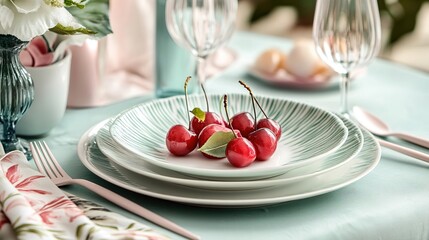 Festive table setting with cherries