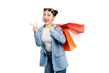 portrait Asian Woman with shopping bags smiles on PNG