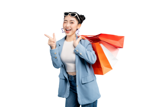 portrait Asian Woman with shopping bags smiles on PNG
