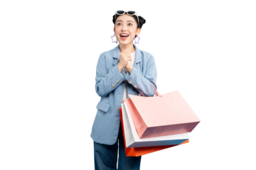 portrait Asian Woman is holding shopping bags, showing her excited expression in PNG