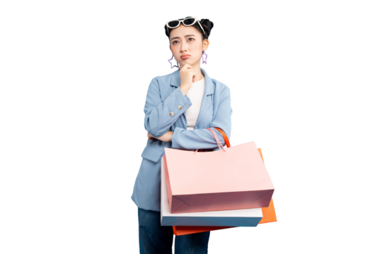 portrait Asian Woman deep in thought while holding shopping bags. She is wearing a stylish outfit and appears to be contemplating her purchases on PNG - Powered by Adobe