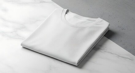 A neatly folded white t-shirt on a marble surface, showcasing its clean design and texture.