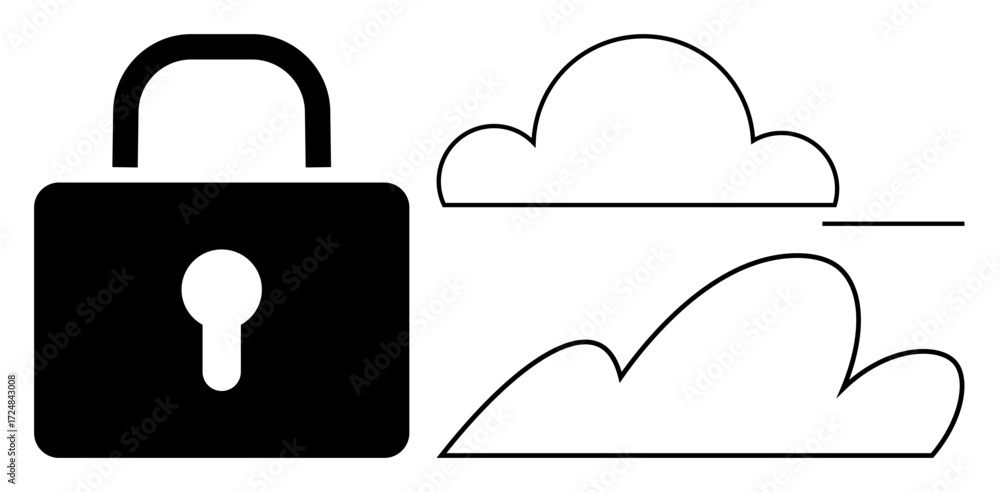 Poster lock symbol beside simple cloud shapes, representing cybersecurity, data privacy, and cloud safety. 