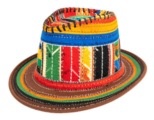 Colorful patchwork fedora with vibrant stripes
