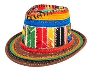 Colorful patchwork fedora with vibrant stripes