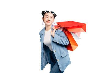 portrait Asian Woman enjoying a shopping spree while carrying colorful bags on PNG